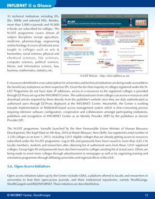 INFLIBNET a Glance@
35 technical institutions including IITs,
IISc, IISERs and selected NITs. Besides,
more than 5,000 e-journals and 95,000
e-books are subscribed for colleges. The
N-LIST programme covers almost all
subject disciplines except agriculture,
medicine, pharmacology, engineering
and technology. It covers all relevant areas
taught in colleges such as arts &
humanities, social sciences, physical and
chemical sciences, life sciences,
computer sciences, political sciences,
library and information science, law,
business, mathematics, statistics, etc.
E-resources identified for cross subscription for universities and technical institutions are being made accessible to
the beneficiary institutions on their respective IPs. Given the fact that majority of colleges registered under the N-
LIST Programme do not have static IP addresses, access to e-resources to the registered colleges is provided
through EZ-Proxy set-up at the INFLIBNET Centre. The authorized users from colleges can access e-resources and
download articles required by them directly from the publisher's website once they are duly authenticated as
authorized users through EZ-Proxy deployed at the INFLIBNET Centre. Meanwhile, the Centre is working
towards implementation of Shibboleth-based access management system which is time-consuming process
requiring intensive software configuration, cooperation and collaboration amongst participating institutions,
publishers and recognition of INFLIBNET Centre as an Identity Provider (IDP) by the publishers as Service
Provider (SP).
The N-LIST programme, formally launched by the then Honourable Union Minister of Human Resource
Development, Shri Kapil Sibal on 4th May, 2010 at Shastri Bhawan, New Delhi, has registered a total number of
3,328 colleges as on June 1, 2013, including 3,031 eligible colleges that are already getting access to resources
subscribed under the N-LIST programme. Log-in IDs and passwords have been issued to more than 4,81,116
faculty members, students and researchers these 3,031 registeredafter obtaining list of authorized users from
colleges. Group login ID and passwords have also been issued to colleges awaiting list of actual users. Efforts are
being made to enrol more colleges through advertisement in newspaper as well as by organizing training and
orientation programmes through affiliating universities and regional offices of the UGC.
5.6. Open Access Initiatives
Open access initiatives taken-up by the Centre includes OJAS, a platform offered to faculty and researchers in
universities to host their open-access journals, and three institutional repositories, namely ShodhGanga,
ShodhGangotri and IR@INFLIBNET. These initiatives are described below.
N-LIST Website (http://nlist.inﬂibnet.ac.in)
© Centre, GandhinagarINFLIBNET 12
 