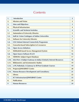 1. Introduction 2
2. Mission and Vision 2
3. Aims and Objectives 3
4. Physical Infrastructure 4
5. Scientific and Technical Activities 4
5.1 Automation of University Libraries 5
5.2. IndCat: Union Catalogues of Indian Universities 5
5.3. Software for University Libraries 7
5.4. UGC-Infonet Internet Connectivity Programme 9
5.5. Consortia-based Subscription to E-resources 9
5.6. Open Access Initiatives 12
5.7. Shibboleth-based Access Management System 15
5.8. Open Source Software R & D 16
5.9. VIDWAN: Subject Expert Database 17
5.10. Info-Port: A Subject Gateway to Indian Scholarly Internet Resources 18
5.11. Bibliometric and Scientometric Studies 19
5.12. e-PG Pathshala: A Gateway to All Post Graduate Courses 19
5.13. Projects@INFLIBNET Centre 20
5.14. Human Resource Development and Consultancy 21
6. Library 22
7. ICT Infrastructure@INFLIBNET Centre 23
8. Publications 24
9 Human Resources 24
Contents
© Centre, GandhinagarINFLIBNET 1
 