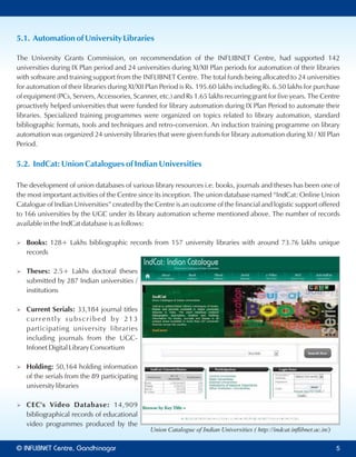 5.1. Automation of University Libraries
The University Grants Commission, on recommendation of the INFLIBNET Centre, had supported 142
universities during IX Plan period and 24 universities during XI/XII Plan periods for automation of their libraries
with software and training support from the INFLIBNET Centre. The total funds being allocated to 24 universities
for automation of their libraries during XI/XII Plan Period is Rs. 195.60 lakhs including Rs. 6.50 lakhs for purchase
of equipment (PCs, Servers, Accessories, Scanner, etc.) and Rs 1.65 lakhs recurring grant for five years. The Centre
proactively helped universities that were funded for library automation during IX Plan Period to automate their
libraries. Specialized training programmes were organized on topics related to library automation, standard
bibliographic formats, tools and techniques and retro-conversion. An induction training programme on library
automation was organized 24 university libraries that were given funds for library automation during XI / XII Plan
Period.
5.2. IndCat: Union Catalogues of Indian Universities
The development of union databases of various library resources i.e. books, journals and theses has been one of
the most important activities of the Centre since its inception. The union database named “IndCat: Online Union
Catalogue of Indian Universities” created by the Centre is an outcome of the financial and logistic support offered
to 166 universities by the UGC under its library automation scheme mentioned above. The number of records
available in the IndCat database is as follows:
Ø 128+ Lakhs bibliographic records from 157 university libraries with around 73.76 lakhs uniqueBooks:
records
Ø 2.5+ Lakhs doctoral thesesTheses:
submitted by 287 Indian universities /
institutions
Ø 33,184 journal titlesCurrent Serials:
currently subscribed by 213
participating university libraries
including journals from the UGC-
Infonet Digital Library Consortium
Ø 50,164 holding informationHolding:
of the serials from the 89 participating
university libraries
Ø 14,909CEC's Video Database:
bibliographical records of educational
video programmes produced by the
Union Catalogue of Indian Universities ( http://indcat.inﬂibnet.ac.in/)
© Centre, GandhinagarINFLIBNET 5
 