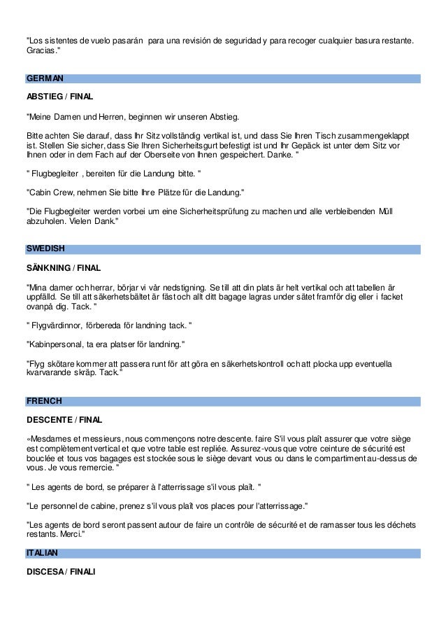 Multilingual In Flight Announcements For Flight Attendants Cabin C