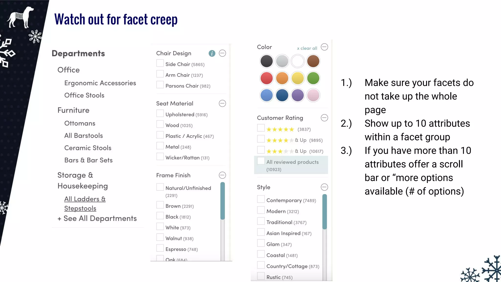 Watch out for facet creep
1.) Make sure your facets do
not take up the whole
page
2.) Show up to 10 attributes
within a facet group
3.) If you have more than 10
attributes offer a scroll
bar or “more options
available (# of options)
 