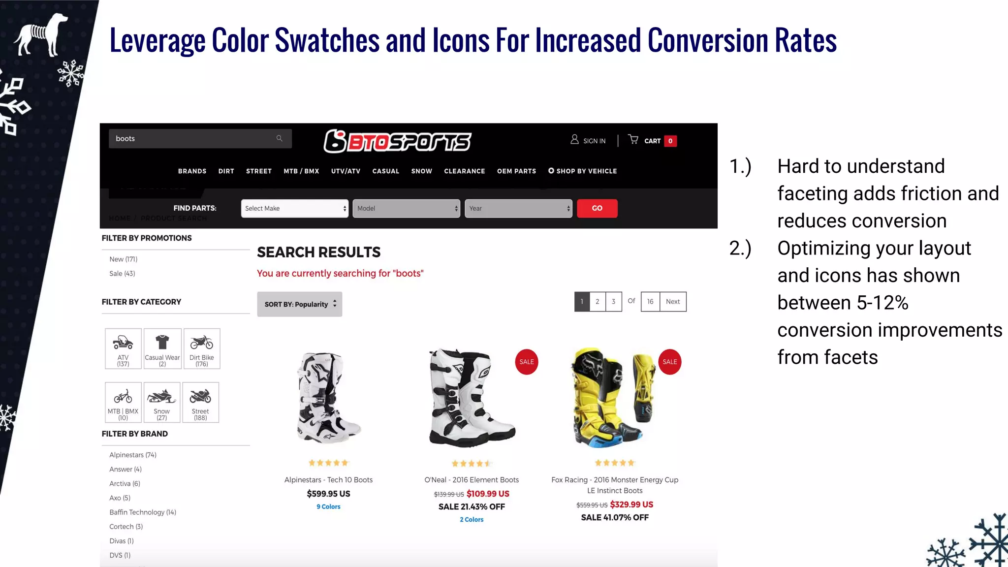 Leverage Color Swatches and Icons For Increased Conversion Rates
1.) Hard to understand
faceting adds friction and
reduces conversion
2.) Optimizing your layout
and icons has shown
between 5-12%
conversion improvements
from facets
 