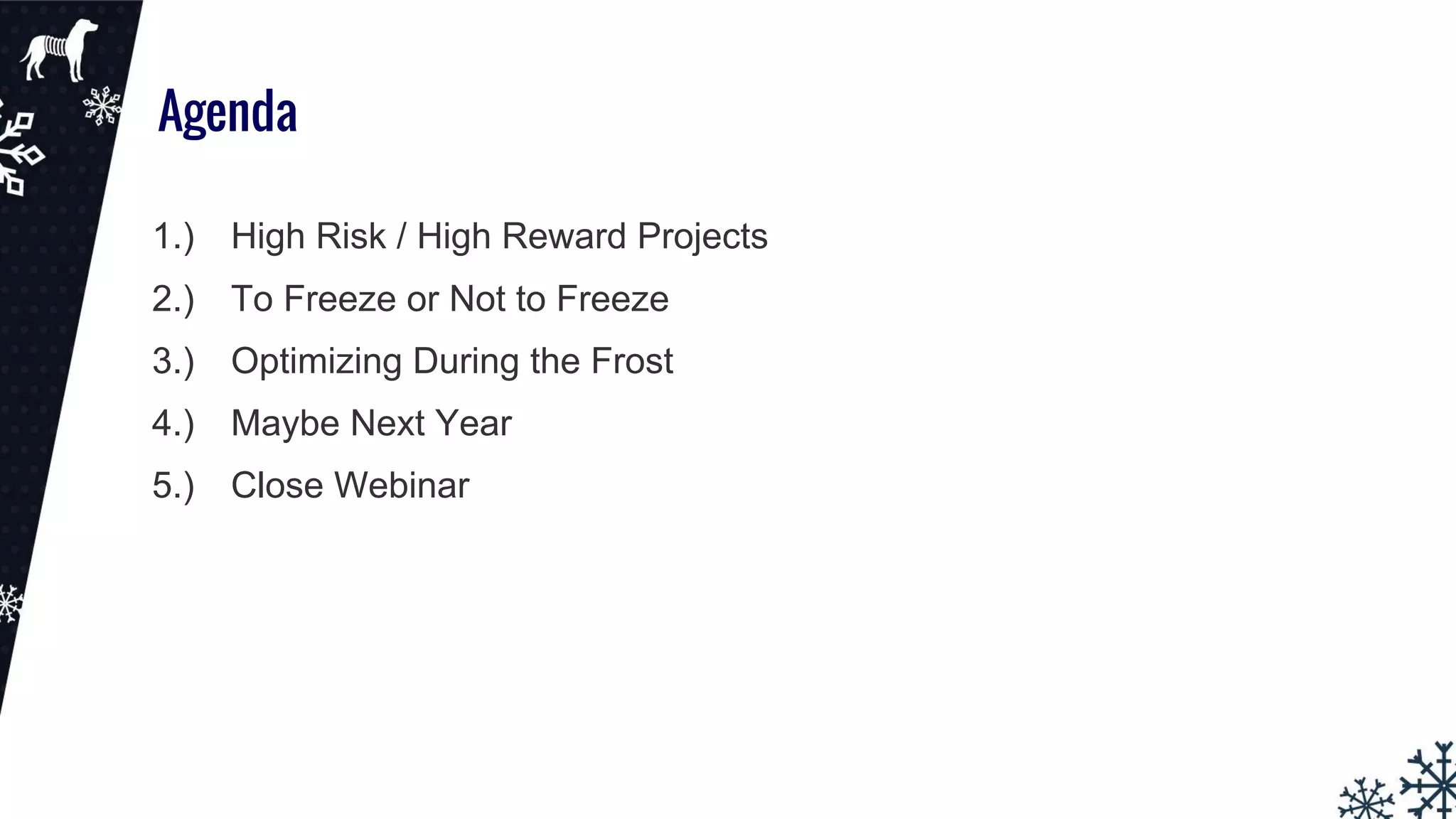 Agenda
1.) High Risk / High Reward Projects
2.) To Freeze or Not to Freeze
3.) Optimizing During the Frost
4.) Maybe Next Year
5.) Close Webinar
 