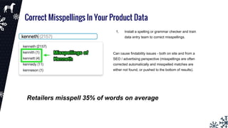 Correct Misspellings In Your Product Data
1. Install a spelling or grammar checker and train
data entry team to correct misspellings.
Can cause findability issues - both on site and from a
SEO / advertising perspective (misspellings are often
corrected automatically and misspelled matches are
either not found, or pushed to the bottom of results).
Retailers misspell 35% of words on average
 