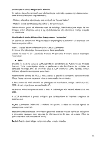10
Classificação de serviço API para óleos de motor
Os padrões de performance API para lubrificantes de motor são expressos com base em duas
letras e de acordo com o seguinte critério:
- Motores a Gasolina, identificados pelo prefixo S, de “Service Station”;
- Motores Diesel, identificados pelo prefixo C, de “Commercial”.
Dentro de cada grupo, há diferentes níveis de tecnologia, identificados pela adição de uma
letra por ordem alfabética, após o S, ou o C. Esta segunda letra identifica o nível de evolução
do lubrificante.
Classificação de serviço API para óleos de engrenagens “automotive”
Os padrões de performance API para óleos de engrenagens “automotive” são expressos com
base no seguinte critério:
API GL- seguido de um número em que: G: Gear, L: Lubrificante
O número é função do tipo de engrenagem e da carga aplicada.
(Tabelas no anexo V e VI - Classificação de serviço API para óleos de motor e óleos de engrenagens
“automotive)
 ACEA
Em 1991 foi criada na Europa a CCMC (Comité dos Construtores de Automóveis do Mercado
Comum). Tinha como objetivo ajustar as performances dos lubrificantes às condições de
condução na europa. Em 1 de Janeiro de 1996, a ACEA substituiu a CCMC e passou a incluir
todos os fabricantes europeus de automóveis.
Recentemente (Janeiro de 2012), a ACEA aceitou o pedido da companhia coreana Hyundai
Motor Europe para que passasse a integrar o seu quadro de associados.
A ACEA define os níveis mínimos de prestações nos lubrificantes, obriga a certificação ISO
9001 e é mais exigente que a especificação API.
Atualiza os níveis de qualidade cada 2 anos. A classificação mais recente refere-se ao ano
2010.
A ACEA estabeleceu 3 grupos principais que correspondem às seguintes categorias de
desempenho:
Ax/Bx: Lubrificantes destinados a motores de gasolina e diesel de veículos ligeiros de
passageiros e comerciais.
Cx: Lubrificantes destinados a motores de gasolina e diesel de veículos ligeiros de passageiros
e comerciais equipados com sistemas de pós-tratamento de gases de escape, (Filtro de
partículas diesel e catalisadores de 3 vias).
Ex: Lubrificantes destinados a motores diesel de veículos pesados.
 