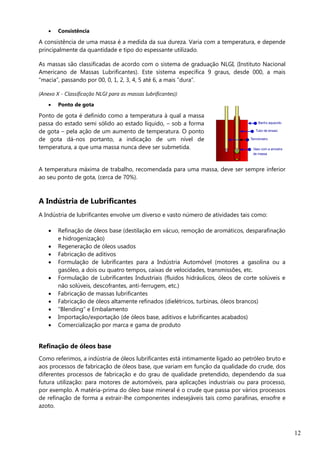 12
 Consistência
A consistência de uma massa é a medida da sua dureza. Varia com a temperatura, e depende
principalmente da quantidade e tipo do espessante utilizado.
As massas são classificadas de acordo com o sistema de graduação NLGI, (Instituto Nacional
Americano de Massas Lubrificantes). Este sistema especifica 9 graus, desde 000, a mais
“macia”, passando por 00, 0, 1, 2, 3, 4, 5 até 6, a mais “dura”.
(Anexo X - Classificação NLGI para as massas lubrificantes))
 Ponto de gota
Ponto de gota é definido como a temperatura à qual a massa
passa do estado semi sólido ao estado líquido, – sob a forma
de gota – pela ação de um aumento de temperatura. O ponto
de gota dá-nos portanto, a indicação de um nível de
temperatura, a que uma massa nunca deve ser submetida.
A temperatura máxima de trabalho, recomendada para uma massa, deve ser sempre inferior
ao seu ponto de gota, (cerca de 70%).
A Indústria de Lubrificantes
A Indústria de lubrificantes envolve um diverso e vasto número de atividades tais como:
 Refinação de óleos base (destilação em vácuo, remoção de aromáticos, desparafinação
e hidrogenização)
 Regeneração de óleos usados
 Fabricação de aditivos
 Formulação de lubrificantes para a Indústria Automóvel (motores a gasolina ou a
gasóleo, a dois ou quatro tempos, caixas de velocidades, transmissões, etc.
 Formulação de Lubrificantes Industriais (fluidos hidráulicos, óleos de corte solúveis e
não solúveis, descofrantes, anti-ferrugem, etc.)
 Fabricação de massas lubrificantes
 Fabricação de óleos altamente refinados (dielétricos, turbinas, óleos brancos)
 “Blending” e Embalamento
 Importação/exportação (de óleos base, aditivos e lubrificantes acabados)
 Comercialização por marca e gama de produto
Refinação de óleos base
Como referimos, a indústria de óleos lubrificantes está intimamente ligado ao petróleo bruto e
aos processos de fabricação de óleos base, que variam em função da qualidade do crude, dos
diferentes processos de fabricação e do grau de qualidade pretendido, dependendo da sua
futura utilização: para motores de automóveis, para aplicações industriais ou para processo,
por exemplo. A matéria-prima do óleo base mineral é o crude que passa por vários processos
de refinação de forma a extrair-lhe componentes indesejáveis tais como parafinas, enxofre e
azoto.
 