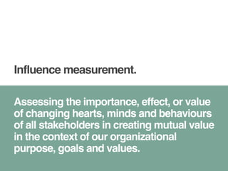 Influence measurement. 
Assessing the importance, effect, or value 
of changing hearts, minds and behaviours 
of all stakeholders in creating mutual value 
in the context of our organizational 
purpose, goals and values. 
 