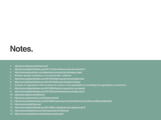 Notes. 
1. http://www.attenzi.com/forty-five-ii/! 
2. http://www.philipsheldrake.com/2011/11/the-influence-view-of-content-0-1/ ! 
3. http://www.eulerpartners.com/balanced-scorecard-and-strategy-maps/ ! 
4. Whether specific indviduals or more sociocratic / collective! 
5. http://www.philipsheldrake.com/2014/04/triple-loop-profound-leadership/ ! 
6. http://www.philipsheldrake.com/2014/07/deliberate-emergent-design/ ! 
7. A person or organization with an interest or concern in the organization or something the organization is involved in.! 
8. http://www.philipsheldrake.com/2013/03/influence-request-for-comments/! 
9. http://www.philipsheldrake.com/2014/03/social-business-mutuality-stack/! 
10. http://www.attenzi.com/thirty-iii/ ! 
11. http://www.eulerpartners.com/influence-flows/ ! 
12. http://www.philipsheldrake.com/2014/06/measuring-communications-reconciling-models-amsterdam/! 
13. http://www.prredefined.org/ ! 
14. http://www.philipsheldrake.com/2014/08/pr-changing-whos-going-to-do-it/ ! 
15. http://www.eulerpartners.com/the-business-of-influence/ ! 
16. http://www.eulerpartners.com/influence-scorecard/ 
