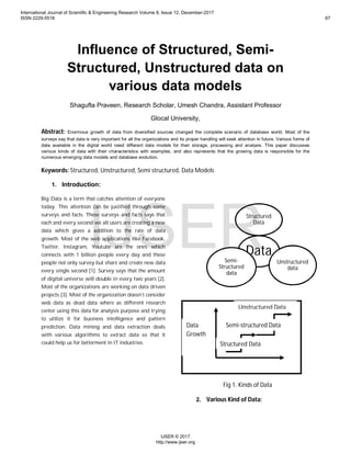 Influence of Structured, Semi-
Structured, Unstructured data on
various data models
Shagufta Praveen, Research Scholar, Umesh Chandra, Assistant Professor
Glocal University,
Abstract: Enormous growth of data from diversified sources changed the complete scenario of database world. Most of the
surveys say that data is very important for all the organizations and its proper handling will seek attention in future. Various forms of
data available in the digital world need different data models for their storage, processing and analysis. This paper discusses
various kinds of data with their characteristics with examples, and also represents that the growing data is responsible for the
numerous emerging data models and database evolution.
Keywords: Structured, Unstructured, Semi structured, Data Models
1. Introduction:
Big Data is a term that catches attention of everyone
today. This attention can be justified through some
surveys and facts. These surveys and facts says that
each and every second we all users are creating a new
data which gives a addition to the rate of data
growth. Most of the web applications like Facebook,
Twitter, Instagram, Youtube are the ones which
connects with 1 billion people every day and these
people not only survey but share and create new data
every single second [1]. Survey says that the amount
of digital universe will double in every two years [2].
Most of the organizations are working on data driven
projects [3]. Most of the organization doesn’t consider
web data as dead data where as different research
center using this data for analysis purpose and trying
to utilize it for business intelligence and pattern
prediction. Data mining and data extraction deals
with various algorithms to extract data so that it
could help us for betterment in IT industries.
Fig 1. Kinds of Data
2. Various Kind of Data:
Data
Structured
Data
Unstructured
data
Semi-
Structured
data
Structured Data
Semi-structured Data
Unstructured Data
Data
Growth
International Journal of Scientific & Engineering Research Volume 8, Issue 12, December-2017
ISSN 2229-5518 67
IJSER © 2017
http://www.ijser.org
IJSER
 