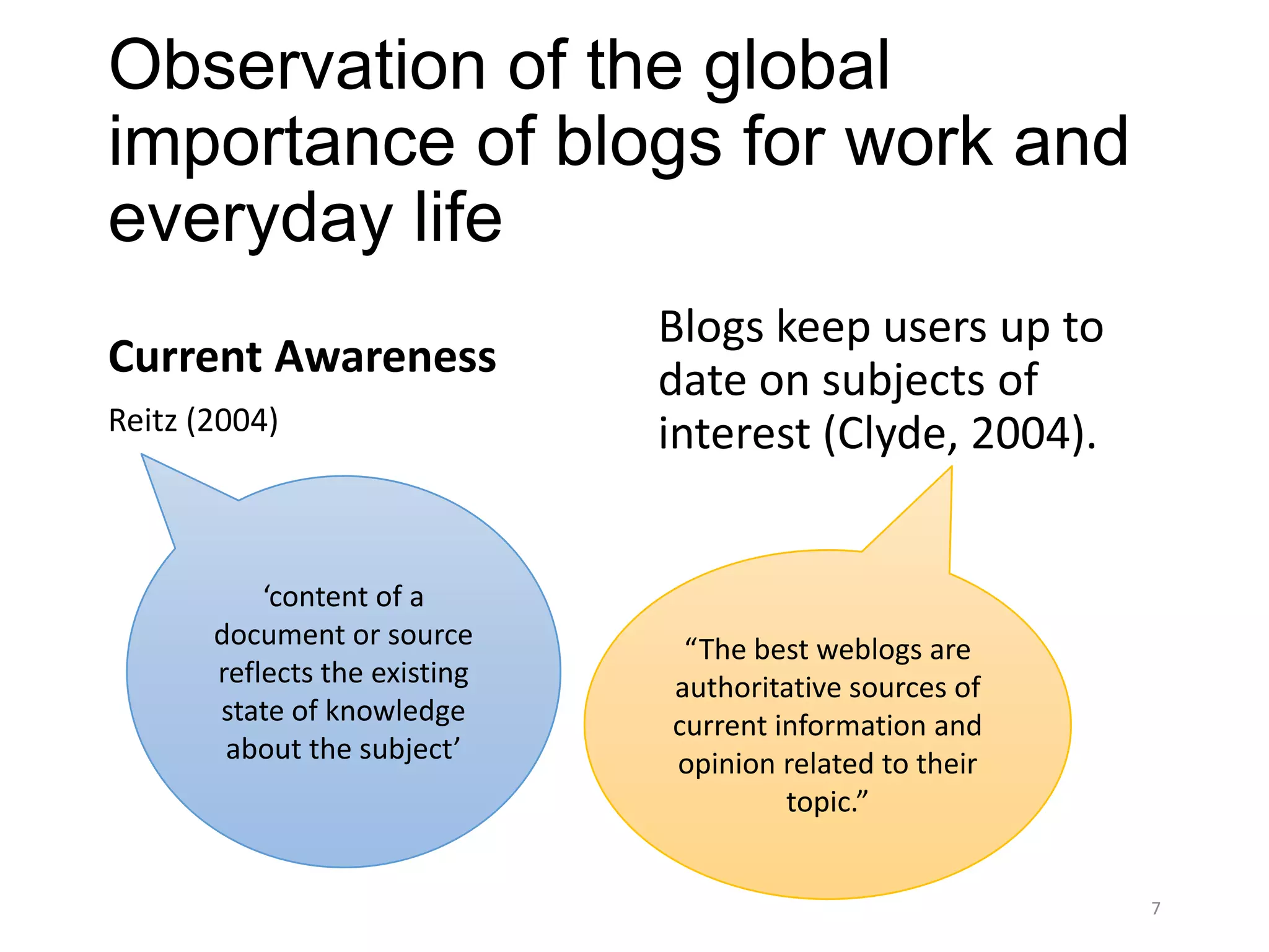 Observation of the global
importance of blogs for work and
everyday life
                               Blogs keep users up to
Current Awareness              date on subjects of
Reitz (2004)                   interest (Clyde, 2004).


           ‘content of a
       document or source       “The best weblogs are
       reflects the existing   authoritative sources of
       state of knowledge      current information and
        about the subject’     opinion related to their
                                        topic.”


                                                          7
 