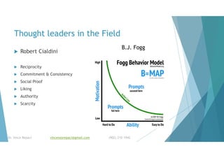 Thought leaders in the Field
 Robert Cialdini
 Reciprocity
 Commitment & Consistency
 Social Proof
 Liking
 Authority
 Scarcity
Dr. Vince Repaci vincenzorepaci@gmail.com (902) 210 1942
B.J. Fogg
 