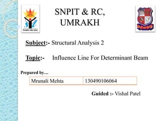 SNPIT & RC,
UMRAKH
Guided :- Vishal Patel
Subject:- Structural Analysis 2
Topic:- Influence Line For Determinant Beam
Mrunali Mehta 130490106064
Prepared by…
 