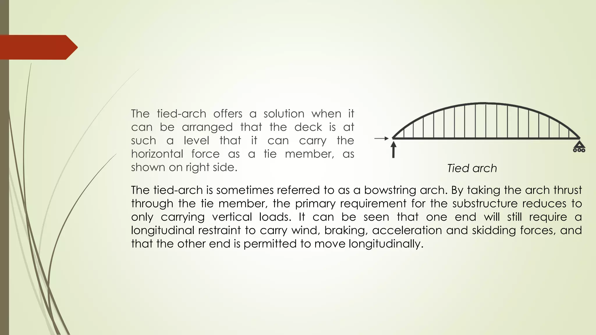 The tied-arch offers a solution when it 
can be arranged that the deck is at 
such a level that it can carry the 
horizontal force as a tie member, as 
shown on right side. 
Tied arch 
The tied-arch is sometimes referred to as a bowstring arch. By taking the arch thrust 
through the tie member, the primary requirement for the substructure reduces to 
only carrying vertical loads. It can be seen that one end will still require a 
longitudinal restraint to carry wind, braking, acceleration and skidding forces, and 
that the other end is permitted to move longitudinally. 
 
