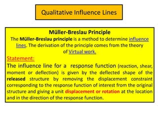 Qualitative Influence Lines
Müller-Breslau Principle
The Müller-Breslau principle is a method to determine influence
lines. The derivation of the principle comes from the theory
of Virtual work.
Statement:
The influence line for a response function (reaction, shear,
moment or deflection) is given by the deflected shape of the
released structure by removing the displacement constraint
corresponding to the response function of interest from the original
structure and giving a unit displacement or rotation at the location
and in the direction of the response function.
 