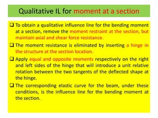 Qualitative IL for moment at a section
 To obtain a qualitative influence line for the bending moment
at a section, remove the moment restraint at the section, but
maintain axial and shear force resistance.
 The moment resistance is eliminated by inserting a hinge in
the structure at the section location.
 Apply equal and opposite moments respectively on the right
and left sides of the hinge that will introduce a unit relative
rotation between the two tangents of the deflected shape at
the hinge.
 The corresponding elastic curve for the beam, under these
conditions, is the influence line for the bending moment at
the section.
 