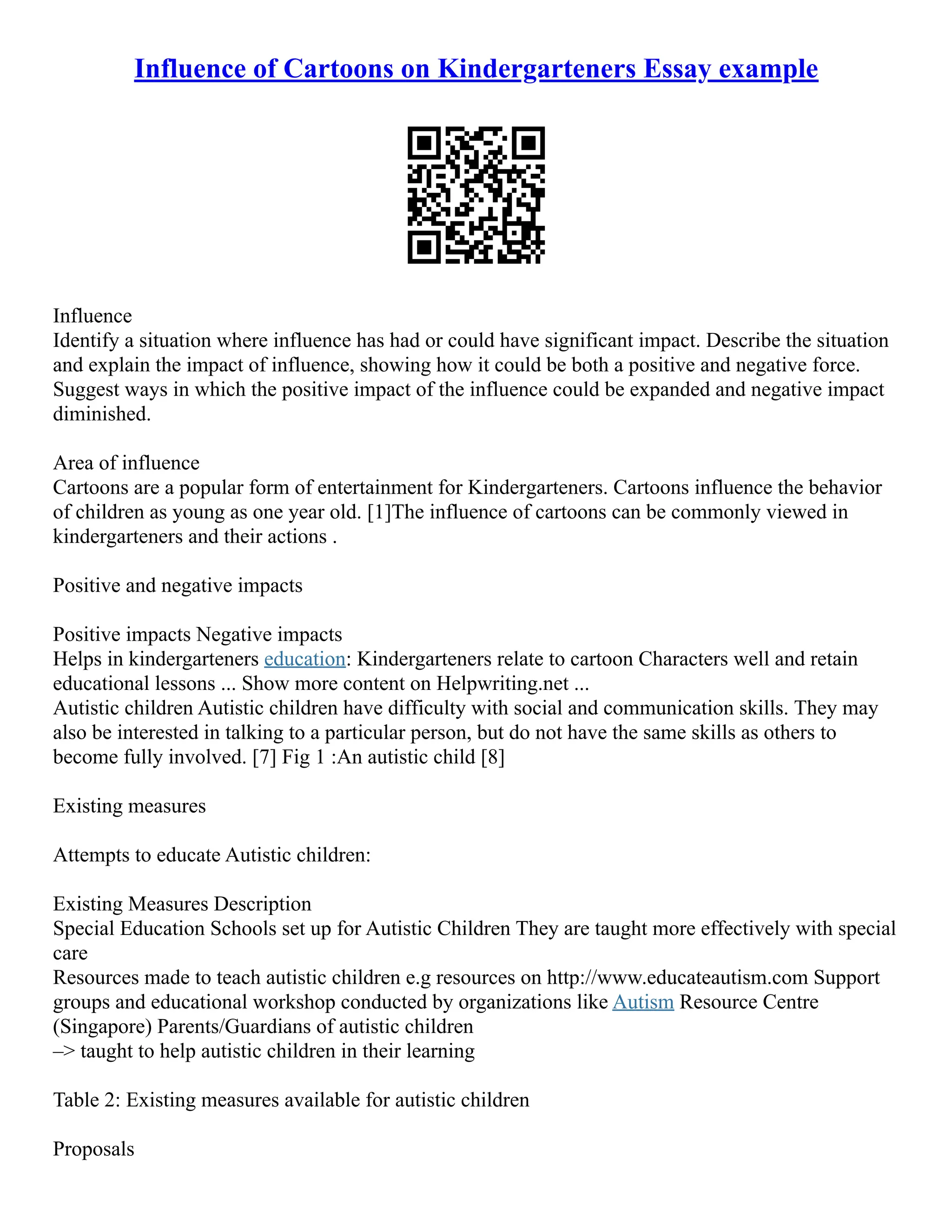 Influence Of Cartoons On Kindergarteners Essay Example | PDF