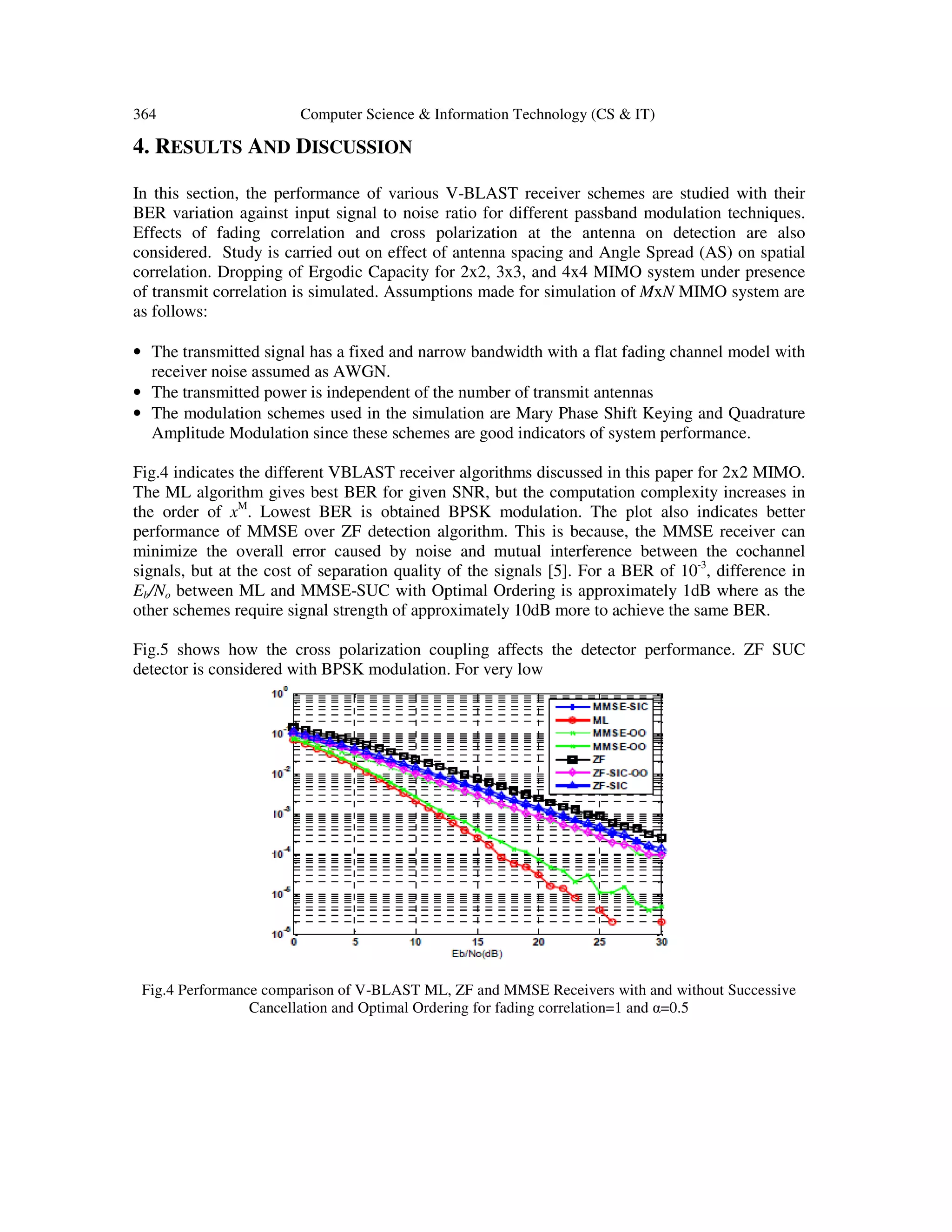 364 Computer Science & Information Technology (CS & IT) 4. RESULTS AND DISCUSSION In this section, the performance of various V-BLAST receiver schemes are studied with their BER variation against input signal to noise ratio for different passband modulation techniques. Effects of fading correlation and cross polarization at the antenna on detection are also considered. Study is carried out on effect of antenna spacing and Angle Spread (AS) on spatial correlation. Dropping of Ergodic Capacity for 2x2, 3x3, and 4x4 MIMO system under presence of transmit correlation is simulated. Assumptions made for simulation of MxN MIMO system are as follows: • The transmitted signal has a fixed and narrow bandwidth with a flat fading channel model with receiver noise assumed as AWGN. • The transmitted power is independent of the number of transmit antennas • The modulation schemes used in the simulation are Mary Phase Shift Keying and Quadrature Amplitude Modulation since these schemes are good indicators of system performance. Fig.4 indicates the different VBLAST receiver algorithms discussed in this paper for 2x2 MIMO. The ML algorithm gives best BER for given SNR, but the computation complexity increases in the order of xM . Lowest BER is obtained BPSK modulation. The plot also indicates better performance of MMSE over ZF detection algorithm. This is because, the MMSE receiver can minimize the overall error caused by noise and mutual interference between the cochannel signals, but at the cost of separation quality of the signals [5]. For a BER of 10-3 , difference in Eb/No between ML and MMSE-SUC with Optimal Ordering is approximately 1dB where as the other schemes require signal strength of approximately 10dB more to achieve the same BER. Fig.5 shows how the cross polarization coupling affects the detector performance. ZF SUC detector is considered with BPSK modulation. For very low Fig.4 Performance comparison of V-BLAST ML, ZF and MMSE Receivers with and without Successive Cancellation and Optimal Ordering for fading correlation=1 and α=0.5 