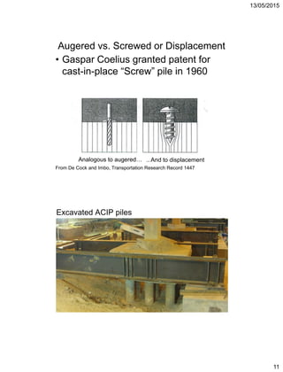 13/05/2015
11
• Gaspar Coelius granted patent for
cast-in-place “Screw” pile in 1960
Augered vs. Screwed or Displacement
Analogous to augered… .. And to displacement
From De Cock and Imbo, Transportation Research Record 1447
Excavated ACIP piles
 