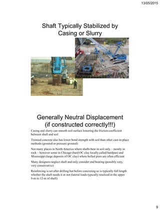 13/05/2015
9
Shaft Typically Stabilized by
Casing or Slurry
Generally Neutral Displacement
(if constructed correctly!!!)
Casing and slurry can smooth soil surface lowering the friction coefficient
between shaft and soil
Tremied concrete also has lower bond strength with soil than other cast-in-place
methods (grouted or pressure grouted)
Not many places in North America where shafts bear in soil only – mostly in
rock – however some in Chicago (hard OC clay locally called hardpan) and
Mississippi (large deposits of OC clay) where belled piers are often efficient
Many designers neglect shaft and only consider end bearing (possibly very,
very conservative)
Reinforcing is set after drilling but before concreting so is typically full length
whether the shaft needs it or not (lateral loads typically resolved in the upper
6-m to 12-m of shaft)
 