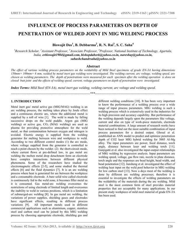 Influence of process parameters on depth of of welded joint