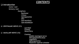 CONTENTS
 Introduction
motor root
Sensory root
Ganglions
Semilunar
Ciliary
Spenopalatine
Otic
Sub-maxillary
Sub-mandibular
 OPHTHALMIC NERVE (V1)
Lacrimal
Frontal
Nasociliary
 MAXILLARY NERVE (V2)
Cranium
middle meningeal nerve
Pterygopalatine fossa
Zygomatic
Sphenopalatine
Poaterior superior alveolar
 