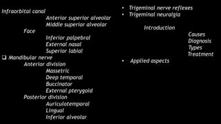 Infraorbital canal
Anterior superior alveolar
Middle superior alveolar
Face
Inferior palpebral
External nasal
Superior labial
 Mandibular nerve
Anterior division
Massetric
Deep temporal
Buccinator
External pterygoid
Posterior division
Auriculotemporal
Lingual
Inferior alveolar
• Trigeminal nerve reflexes
• Trigeminal neuralgia
Introduction
Causes
Diagnosis
Types
Treatment
• Applied aspects
 