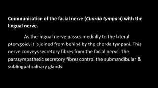 Communication of the facial nerve (Chorda tympani) with the
lingual nerve.
As the lingual nerve passes medially to the lateral
pterygoid, it is joined from behind by the chorda tympani. This
nerve conveys secretory fibres from the facial nerve. The
parasympathetic secretory fibres control the submandibular &
sublingual salivary glands.
 