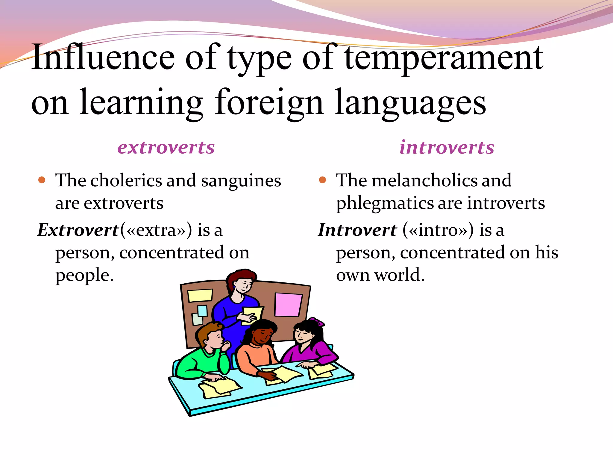 Influence of type of temperament
on learning foreign languages
         extroverts                      introverts
 The cholerics and sanguines    The melancholics and
  are extroverts                  phlegmatics are introverts
Extrovert(«extra») is a         Introvert («intro») is a
  person, concentrated on         person, concentrated on his
  people.                         own world.
 