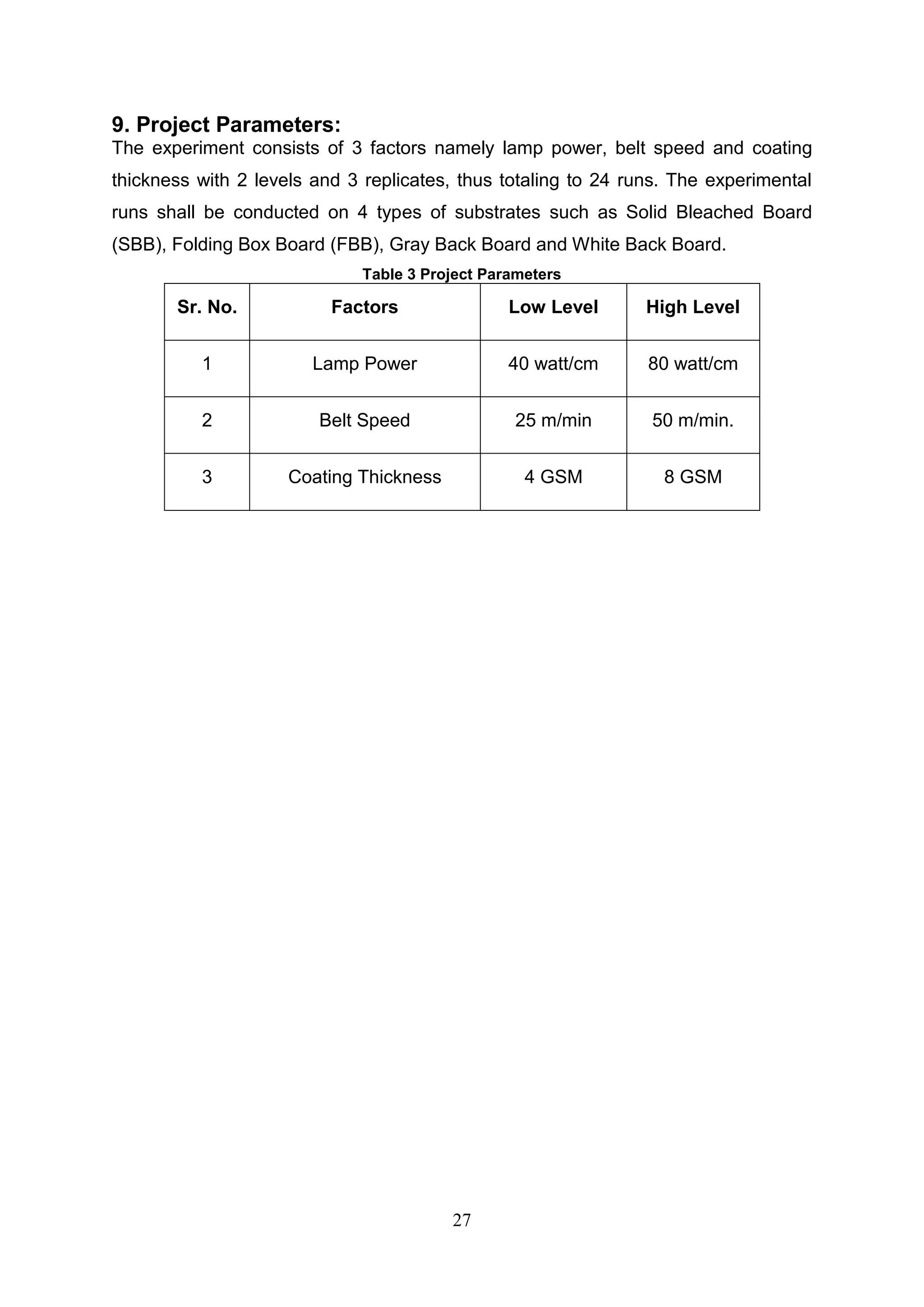 27
9. Project Parameters:
The experiment consists of 3 factors namely lamp power, belt speed and coating
thickness with 2 levels and 3 replicates, thus totaling to 24 runs. The experimental
runs shall be conducted on 4 types of substrates such as Solid Bleached Board
(SBB), Folding Box Board (FBB), Gray Back Board and White Back Board.
Table 3 Project Parameters
Sr. No. Factors Low Level High Level
1 Lamp Power 40 watt/cm 80 watt/cm
2 Belt Speed 25 m/min 50 m/min.
3 Coating Thickness 4 GSM 8 GSM
 