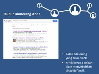 ? ?
Kubur Bumerang Anda
• Tidak ada orang
yang suka dicela.
• Kritik berupa celaan
akan menyebabkan
sikap defensif.
 