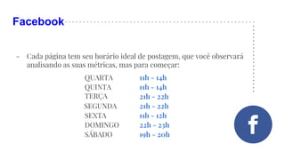 Facebook
- Cada página tem seu horário ideal de postagem, que você observará
analisando as suas métricas, mas para começar:
QUARTA
QUINTA
SEGUNDA
TERÇA
SEXTA
DOMINGO
SÁBADO
11h - 14h
11h - 14h
21h - 22h
21h - 22h
11h - 12h
22h - 23h
19h - 20h
 