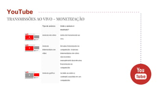 TRANSMISSÕES AO VIVO - MONETIZAÇÃO
YouTube
 