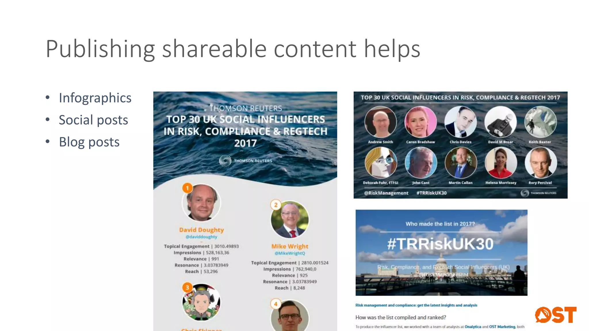 Publishing shareable content helps
• Infographics
• Social posts
• Blog posts
 