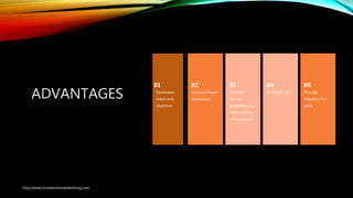 ADVANTAGES Generates
reach and
attention
01
Increase brand
Awareness
02
Increase
brand’s
sympathy, trust
and credibility
or reputation
03
Virality & SEO
04
Provide
impulses for
sales
05
http://www.knowonlineadvertising.com
 