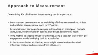 24
Approach to Measurement
Determining ROI of influencer investments grows in importance:
• Measurement becomes easier as ...