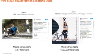 TWO CLEAR BRAND TACTICS ARE BEING USED
Macro
NIKE making a broad statement
Micro
ADIDAS building credibility with a niche target audience
Macro influencers
1m+ followers
Micro influencers
<100,000 followers
• ALL STATS FROM INSTAVIEW
 