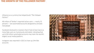 Influence as a currency has helped build “The Follower
Factory”
48 million of Twitter’s reported active users — nearly 15
percent — are automated accounts designed to simulate
real people
Facebook disclosed to investors that it had at least twice as
many fake users as it previously estimated, indicating that
up to 60 million automated accounts may roam the world’s
largest social media platform.
Instagram was reported in 2015 to have up 24m Bot
accounts
THE GROWTH OF THE FOLLOWER FACTORY
 