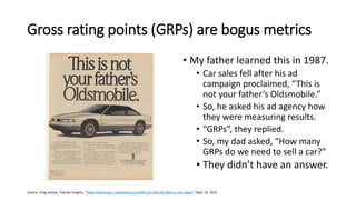 Gross rating points (GRPs) are bogus metrics
• My father learned this in 1987.
• Car sales fell after his ad
campaign proclaimed, “This is
not your father’s Oldsmobile.”
• So, he asked his ad agency how
they were measuring results.
• “GRPs”, they replied.
• So, my dad asked, “How many
GRPs do we need to sell a car?”
• They didn’t have an answer.
Source: Greg Jarboe, Tubular Insights, “Video Advertisers: Viewability and GRPs Are Not the Metrics You Need,” Sept. 22, 2015
 