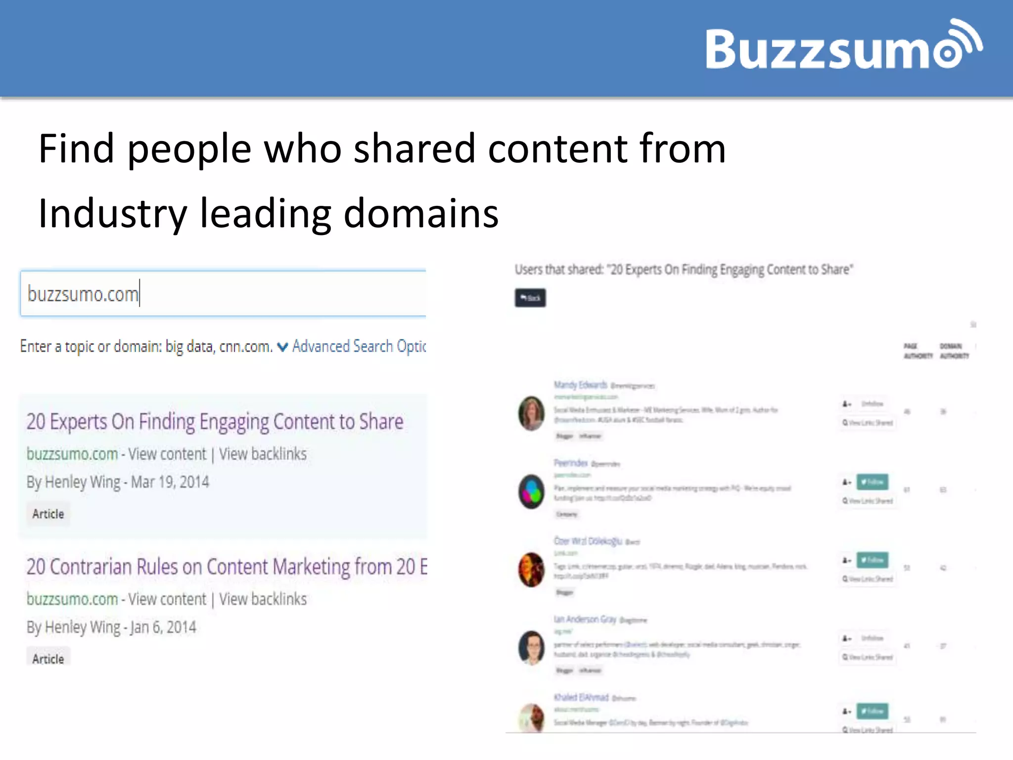 Find people who shared content from
Industry leading domains
 