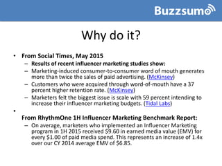 Why do it?
• From Social Times, May 2015
– Results of recent influencer marketing studies show:
– Marketing-induced consum...