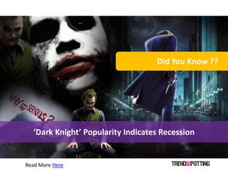 Did You Know ??




  ‘Dark Knight’ Popularity Indicates Recession


Read More Here
 