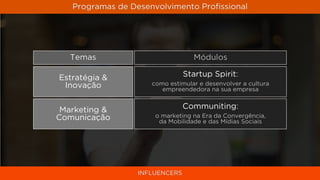 Programas de Desenvolvimento Proﬁssional




   Temas                          Módulos

Estratégia &                   Startup Spirit:
 Inovação            como estimular e desenvolver a cultura
                        empreendedora na sua empresa


 Marketing &                   Communiting:
Comunicação           o marketing na Era da Convergência,
                       da Mobilidade e das Mídias Sociais




                 INFLUENCERS
 