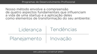 Programas de Desenvolvimento Proﬁssional


Nosso método envolve a compreensão
de quatro aspectos fundamentais que inﬂuenciam
a vida de uma startup e a aplicação deles
como elementos de transformação do seu ambiente:


       Liderança                Tendências
  Planejamento                  Inovação

                 INFLUENCERS | STARTUP SPIRIT
 