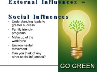 Understanding leads to greater success Family friendly programs Make up of the workforce Environmental movement Can you think of any other social influences? External Influences –  Social Influences 