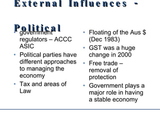 External Influences - Political government regulators – ACCC ASIC Political parties have different approaches to managing the economy Tax and areas of Law Floating of the Aus $ (Dec 1983) GST was a huge change in 2000 Free trade – removal of protection Government plays a major role in having a stable economy 