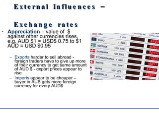 External Influences – Exchange rates Appreciation  – value of  $ against other currencies rises, e.g. AUD $1 = USD$ 0.75 to $1 AUD = USD $0.95 Exports  harder to sell abroad - foreign traders have to give up more of their currency to get same amount of AUD $ - export prices appear to rise Imports  appear to be cheaper – buyer in AUS gets more foreign currency for every AUD$  