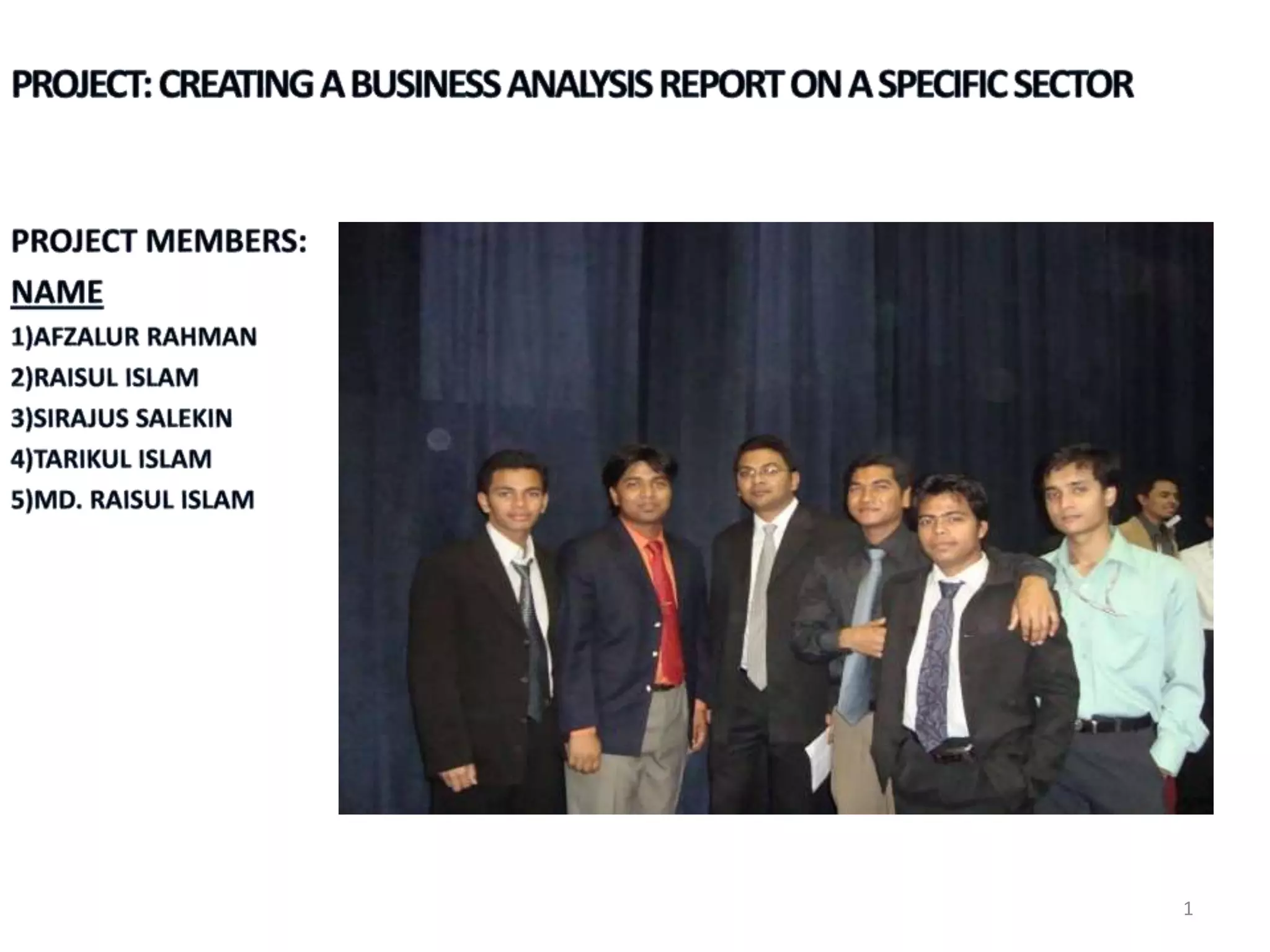 Project: Creating A Business Analysis Report on A Specific SectorProject Members:Name1)Afzalur Rahman2)Raisul Islam3)SirajusSalekin4)Tarikul Islam5)Md. RaisulIslam1