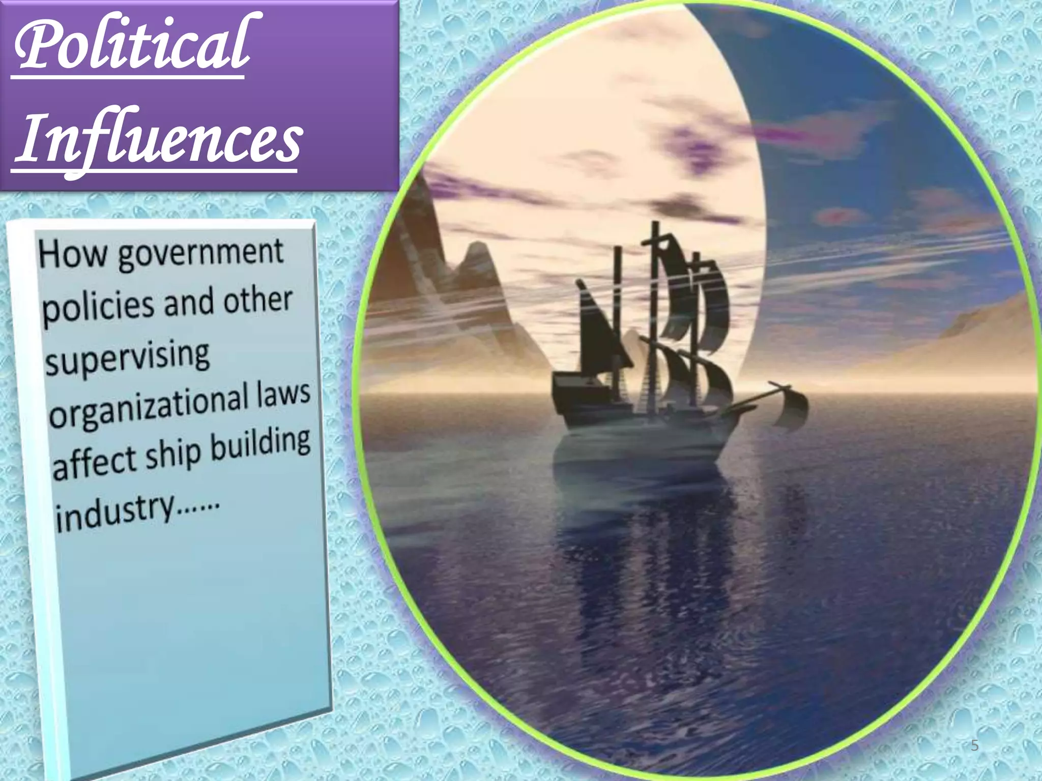 Political InfluencesHow government policies and other supervising organizational laws affect ship building industry……5