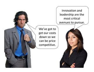 Innovation and
                leadership are the
                    most critical
                avenues to pursue.
We’ve got to
get our costs
down so we
can be price
competitive.
 