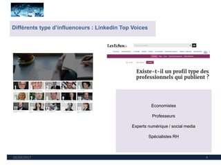 02/03/2017 4
Différents type d’influenceurs : Linkedin Top Voices
Economistes
Professeurs
Experts numérique / social media
Spécialistes RH
 